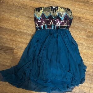 As U Wish Strapless Teal Chiffon Dress with Multicolor Sequin Bodice